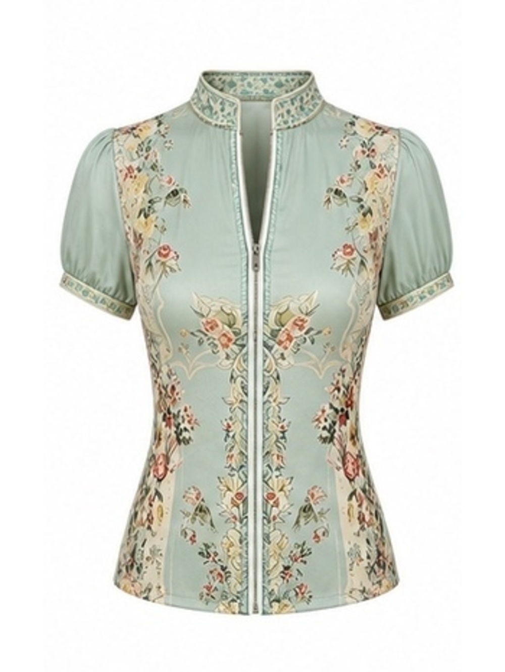 Retro Mint Green Floral Chiffon Zip-Up Top Size Small - Picture 3 of 8